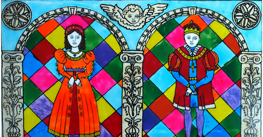 malarkie przedstawienie postaci królowej i króla, w strojach renesanowych, stoją w łukach arkad, zdobionych ornamentami