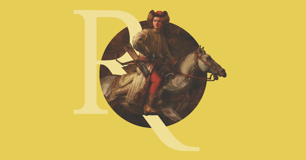 fragment obrazu przedstawiającego jeźdżca na koniu, detal zamknięty w okręgu na żółtym tle, z nałożoną stylizowaną literą"R" w kolorze żółtym