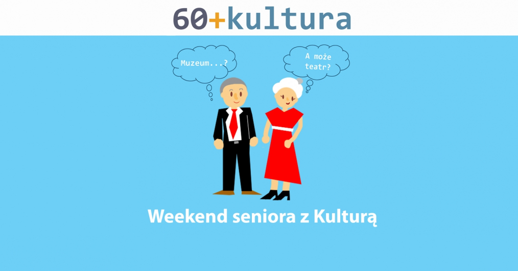 Infografika wydarzenia weekend seniora z kulturą. Na jasnoniebieskim tle widnieje geometryczny rysunek starszej pary ubranej w eleganckie ubrania.