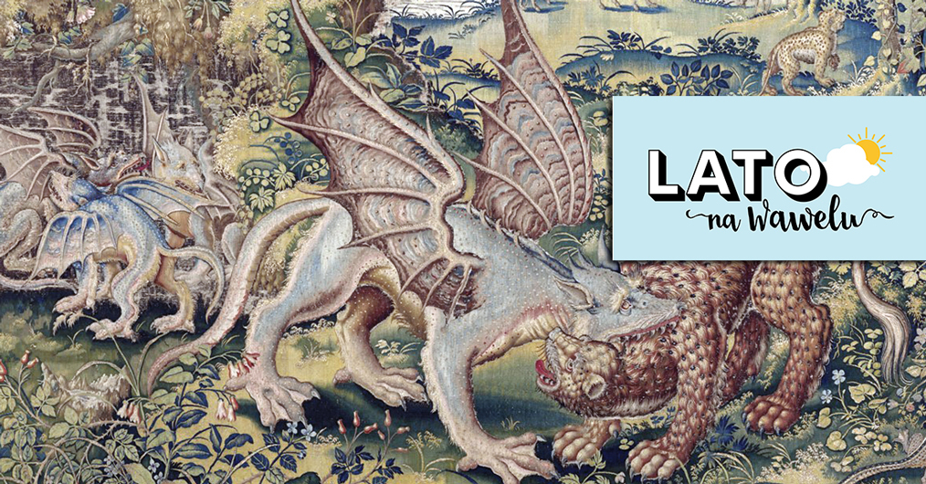 infografika wydarzenia Lato na Wawelu, której tłem jest fragment arrasu z mantikorą