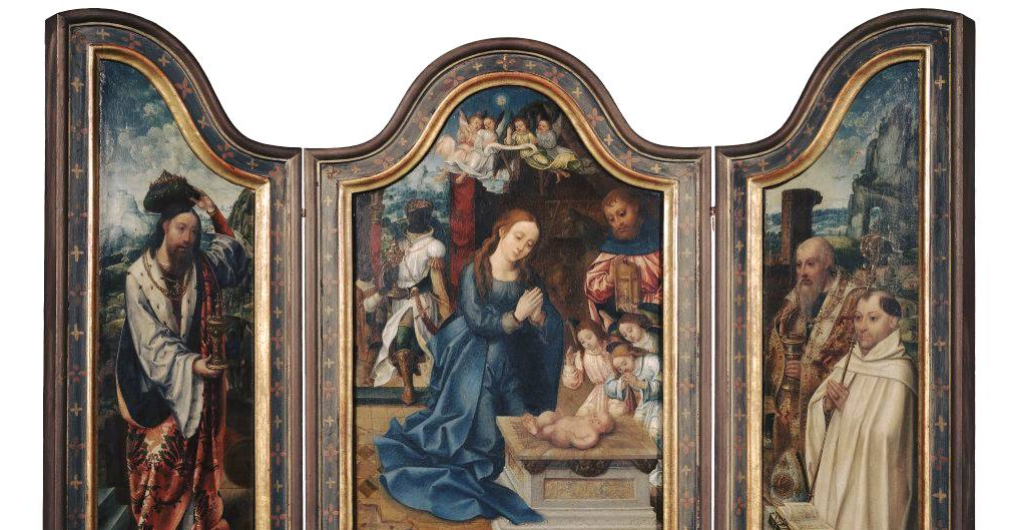 ołtarz składający się z części środkowej i dwóch skrzydeł; scena adoracji narodzonego Chrystusa, w części środkowej madonna w błękitnej szacie, z prawej strony aniołowie i król; na bocznych skrzydłach postacie świętych; w tle drugi król i krajobraz