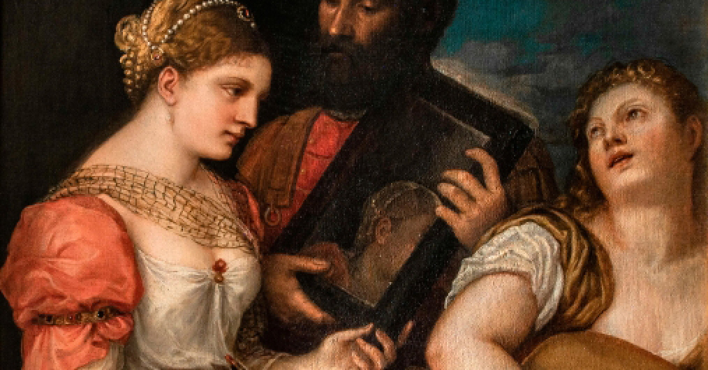 fragment obrazu, przedstawia młodą kobietę, w czerwono-białej sukni, włosy spięte sznurem pereł, z tyłu mężczyzna trzyma lustro, w którym odbija się jej twarz