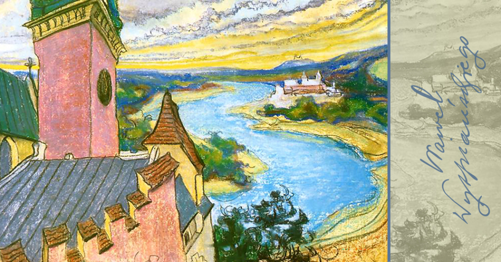 widok na zakole Wisły z zamku królewskiego; pastel. z prawej strony napis "Wawel Wyspiańskiego"