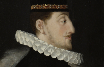 Portret Zygmunta Wazy. Władca uwieczniony jest z profilu, ma ozdobne nakrycie głowy, biały kołnierz i zarzucone na ramię futro. Tło i szata są czarne.