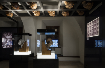 zaciemniona sala muzealna z zabytkami w gablotach