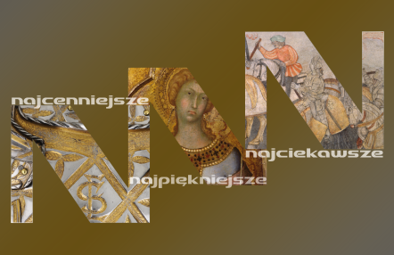Grafika przedstawiająca trzy litery 'N' wypełnione fragmentami dzieł sztuki: złotym ornamentem, portretem kobiety i sceną batalistyczną.Tło w odcieniach brązu przechodzących w szarość.