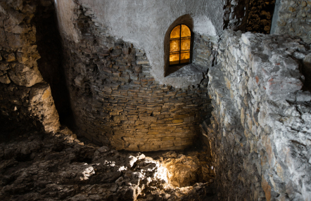 zaciemniona sala muzealna z zabytkami w gablotach