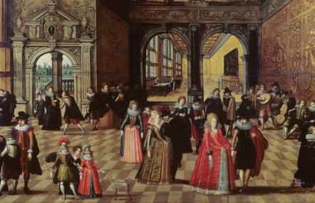 Louis de Caulery (około 1580–1621), "Zebranie towarzyskie w pałacu", Flandria, około 1620 scena rodzajowa we wnętrzu dawnego zamku, sciany zdobione malowidłami, obrazy i meble z epoki; mieszkańcy dworu w strojach epoki spacerują i prowadzą rozmowy