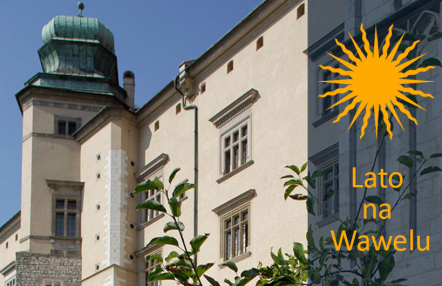 zdjęcie zamku z nałożoną na nie grafiką przedstawiającą słońce z podpisem "Lato na Wawelu"