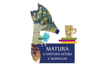 infografika wydarzenia Matura z historii sztuki z Wawelem, z kolażem złożonym z motywów arrasowych przedstawiający liska z książką oraz kubkiem na stosie książek