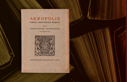 okładka książki Stanisława Wyspiańskiego i Władysława Ekielskiego Akropolis; pośrodku grafika z dwoma stojącymi lwami trzymającymi herb