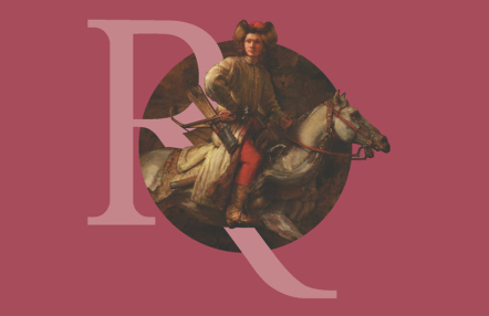 fragment obrazu przedstawiającego jeźdżca na koniu, detal zamknięty w okręgu na bordowym tle, z nałożoną stylizowaną literą"R" w kolorze bordowym