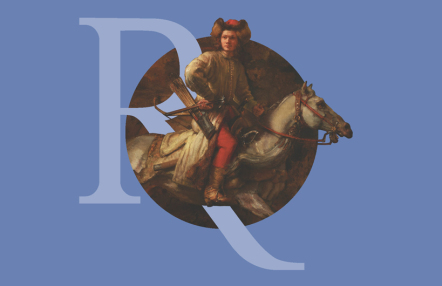 fragment obrazu przedstawiającego jeźdżca na koniu, detal zamknięty w okręgu na niebieskim tle, z nałożoną stylizowaną literą"R" w kolorze niebieskim