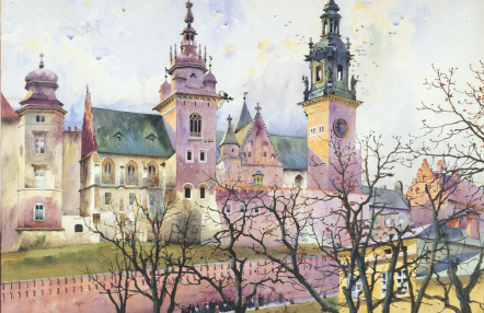 Obraz przedstawia katedrę wawelską i zamkowy mur. Obraz utrzymany jest w pastelowych odcieniach i wykonany akwarelami.