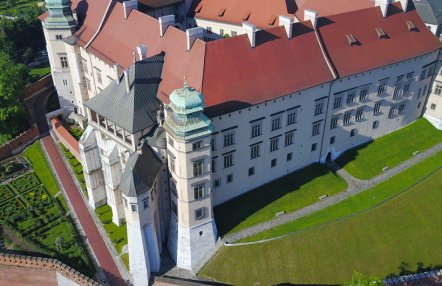 widok z góry na wawelskie wzgórze, zamek, katedrę i inne budynki; słoneczny dzień, dużo zieleni dookoła