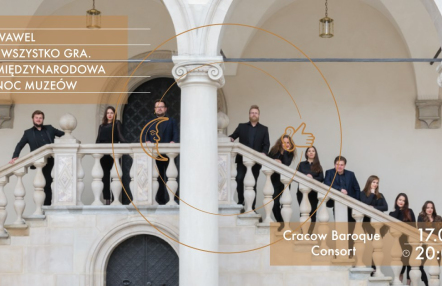 infografika wydarzenia, wykonawcy stoją na schodach krużganków wawelskich