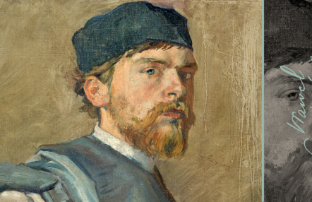 olejny portret młodego mężczyzny, z jasną brodą i wąsami, na głowie ma niebieską płócienną czapkę