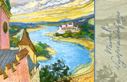 widok na zakole Wisły z zamku królewskiego; pastel. z prawej strony napis "Wawel Wyspiańskiego"