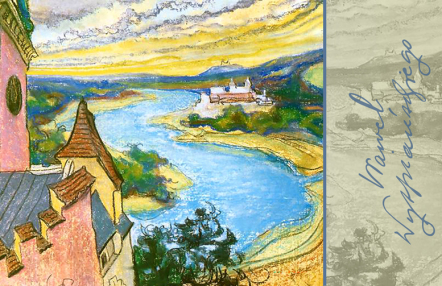 widok na zakole Wisły z zamku królewskiego; pastel. z prawej strony napis "Wawel Wyspiańskiego"