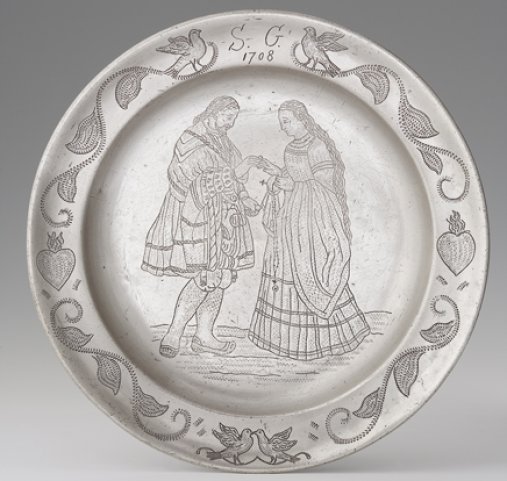 Półmisek ze sceną zaręczyn,  Johann Daniel Müssiggang (1764-1805), Śląsk,  Oleśnica, 1789