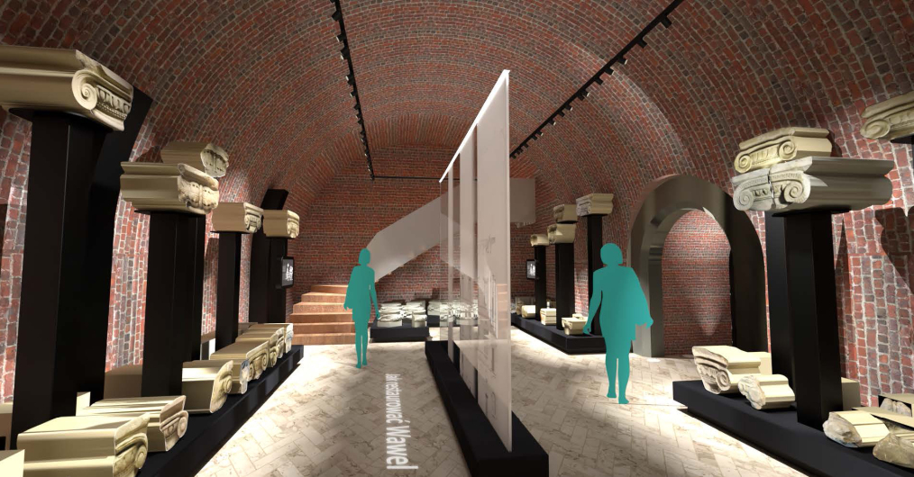 infografika - projekt aranżacji sali wystawy lapidarium, ceglane ściany, elementy ekspozycji, schemat postaci zwidzającej wystawę