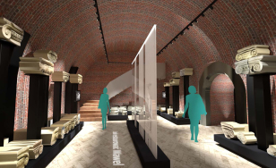 infografika - projekt aranżacji sali wystawy lapidarium, ceglane ściany, elementy ekspozycji, schemat postaci zwidzającej wystawę