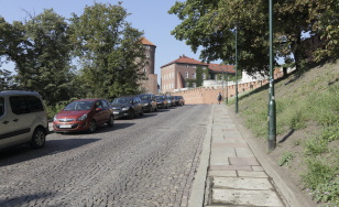 stromy podjazd pod górę, wzdłuż drogi po lewej stronie stoją samochody