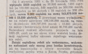 wycinek ze starej gazety opisujący podsumowanie akcji cegiełkowej