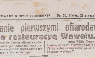 wycinki z dawnych gazet, z artykułami o akcji cegiełkowej