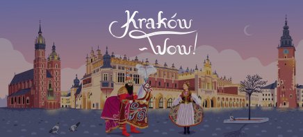 kolorowy widok rynku krakowskiego z napisem Kraków-wow, na pierwszym planie lajkonik i kobieta w ludowym stroju krakowskim