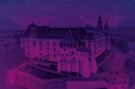 widok z lotu ptaka na zamek wawelski, w odcieniach fioletu