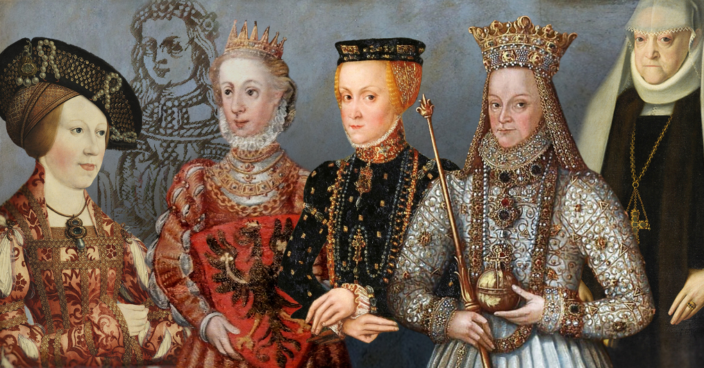 sześć wizerunków królowych, każda w tradycyjnym stroju