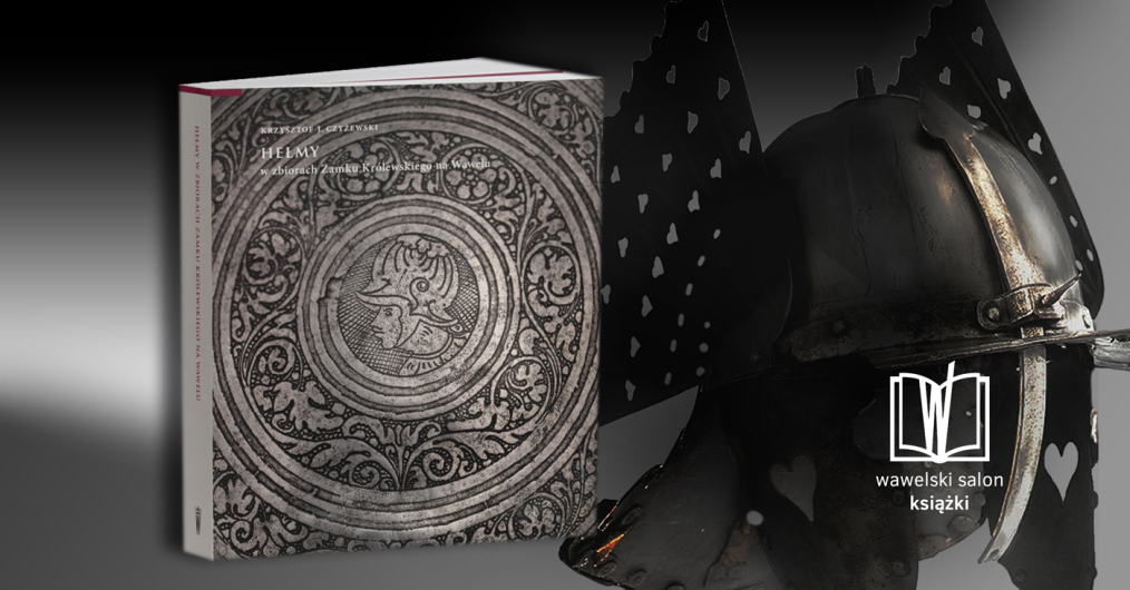 grafika w szarych odcieniach, okładka książki i hełm rycerski