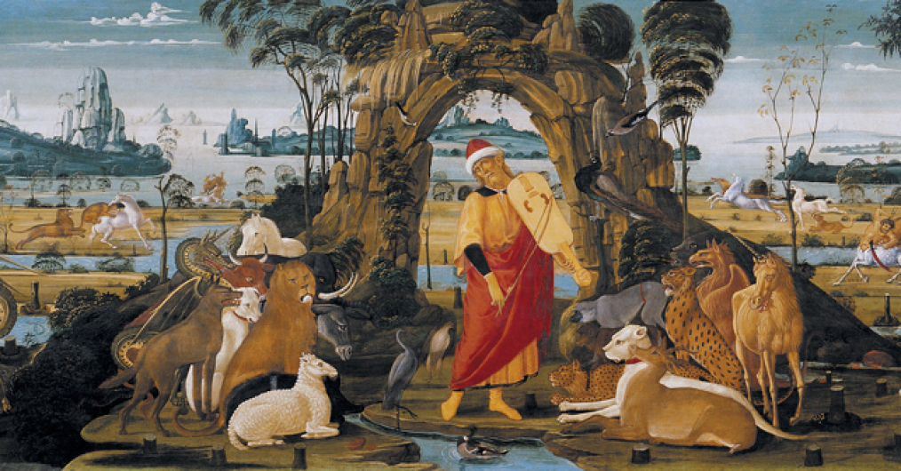 obraz -  na tle krajobrazu z górami i wodą postać grającego mężczyzny, wokół niego zgromadzone różne zwierzęta, prawdziwe i fantasyczne