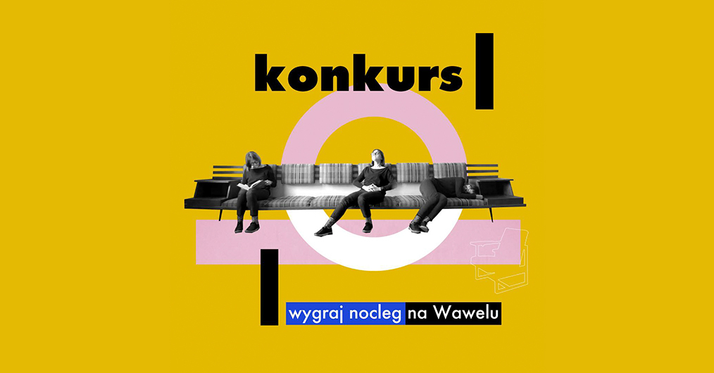 znak słowno-graficzny, ilustrujący konkurs; na ławce okrytej poduszkami w kratę siedzą dwie osoby, na kolanach każdej z nich jest otwarta książka, trzecia osoba wpółleży; tło grafiki żółte, w centrum tła różowo-biały okrąg