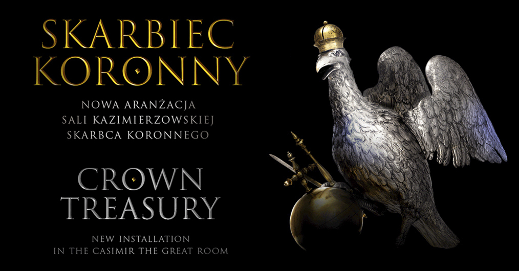 na czarnym tle napis Skarbiec Koronny, po lewej stronie zabytkowe naczynie złocone, w kształcie orła