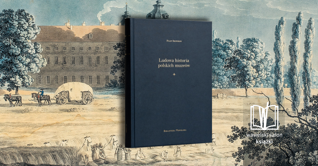 okładka książki na tle grafiki z dużym starym budynkiem i szpalerem drzew