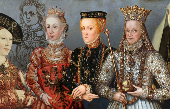 sześć wizerunków królowych, każda w tradycyjnym stroju