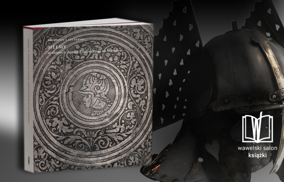 grafika w szarych odcieniach, okładka książki i hełm rycerski