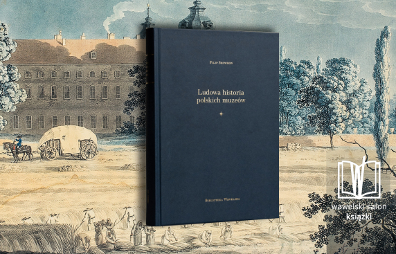 okładka książki na tle grafiki z dużym starym budynkiem i szpalerem drzew