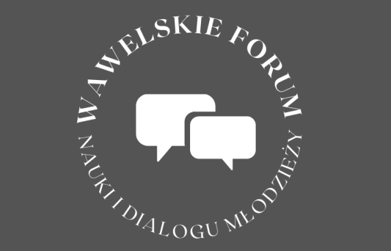 logo Wawelskiego Forum Dialogu i Młodzieży - napis ułożony w okręgu, na szarym tle, w środku dwa białe dymki symbolizujące rozmowę