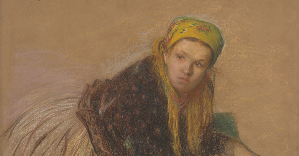 rysunek pastelą, portret młodej dziewczyny w żółtej chustce zdobionej motywami kwiatowymi