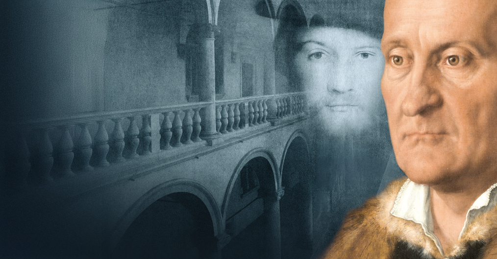 dwa portrety mężczyzn, na tke krużganków zamkowych